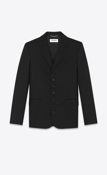 Seven-button blazer with “gangster lamé” stripes